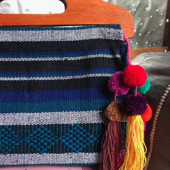 Foldover Fabric Wood Clutch Mexican Textile Purse - Picture 4 of 8